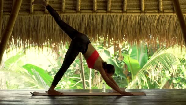 Жінка робить йогу позу на килимку — стокове відео
