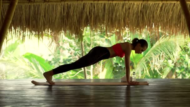 Femme faisant de l'exercice de planche sur tapis dans la salle de gym — Video