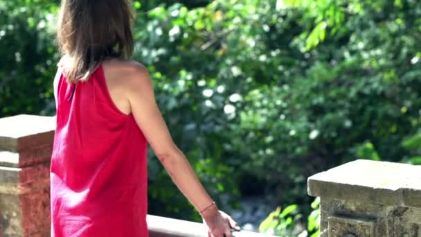 Woman admire view while standing on bridge — Stock Video