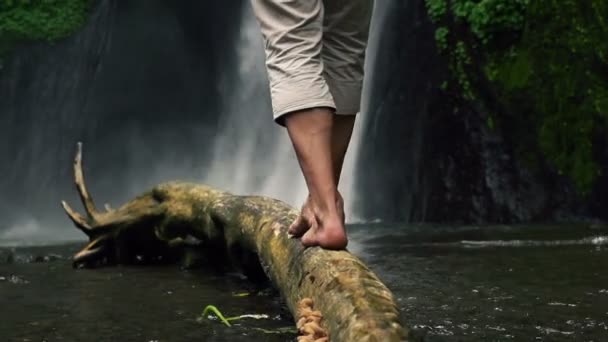 Man walking on wood log — Stock Video