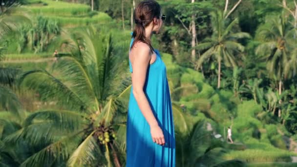Žena při pohledu na rýžové terasy — Stock video