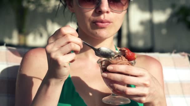 Woman eating tasty ice cream — Stock Video