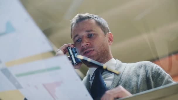 Бизнесмен разговаривает по мобильному телефону и читает документы — стоковое видео