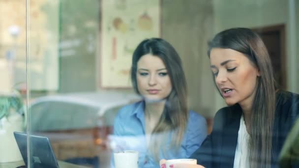 Unga affärskvinnor och affärsman prata under fika i café — Stockvideo