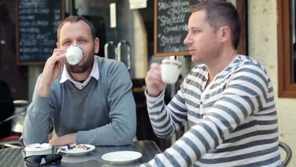 Two male friends drinking coffee and chatting in cafe — Stock Video