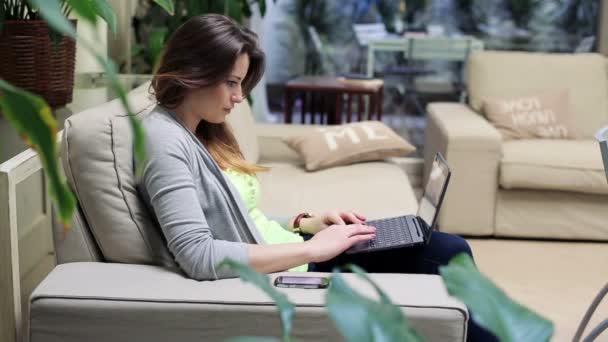 Donna con computer portatile sul divano — Video Stock