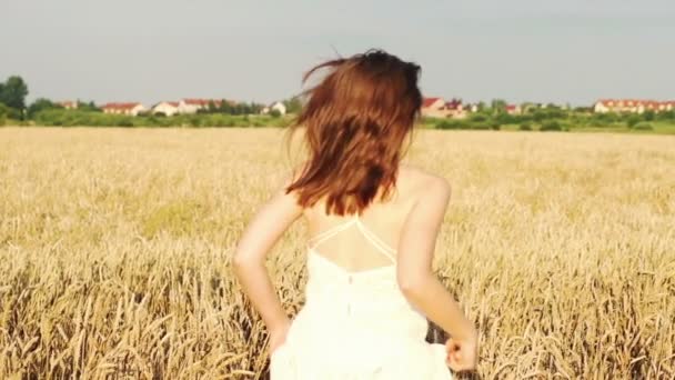 Женщина бежит по пшеничному полю — стоковое видео