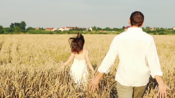 Чоловік і жінка біжать на пшеничному полі — стокове відео