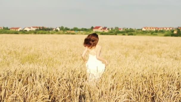 Woman running through wheat field — Stock Video