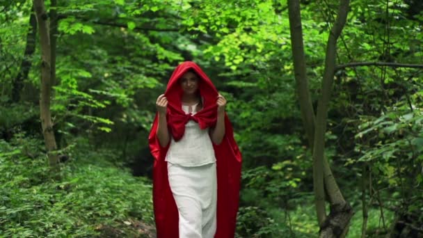 Vackra mystiska red riding hood promenader i skogen — Stockvideo