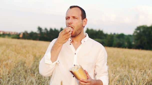 Чоловік їсть хліб у пшеничному полі — стокове відео