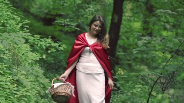 Happy Red riding hood med korg promenader i skogen — Stockvideo