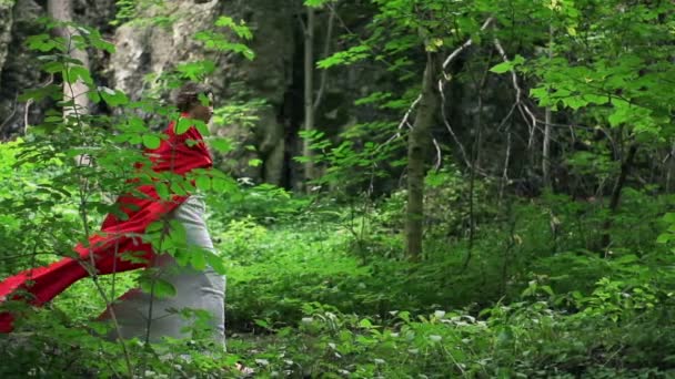 Vackra mystiska red riding hood promenader i skogen — Stockvideo