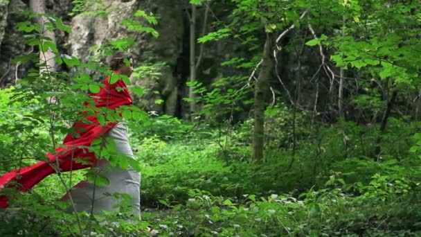 Hermosa misteriosa capucha roja caminando en el bosque — Vídeo de stock