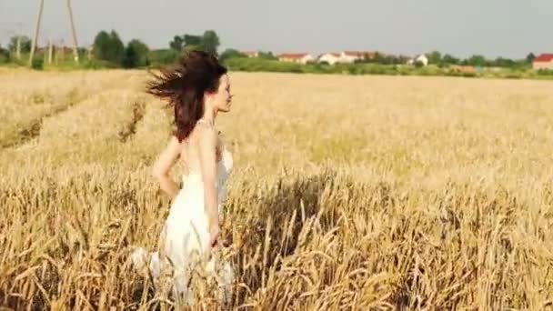 Ung kvinna kör igenom vete fält — Stockvideo