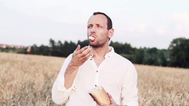 Фермер ест свежий хлеб на пшеничном поле — стоковое видео
