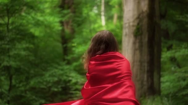 Vackra mystiska red riding hood promenader i skogen — Stockvideo