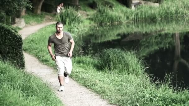 Junger Mann joggt im Park — Stockvideo