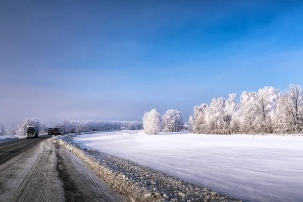 Tatarstan Russia Interstate Highway Feb 05Th 2020 Snowfall Trucks Drive — Stock Photo, Image