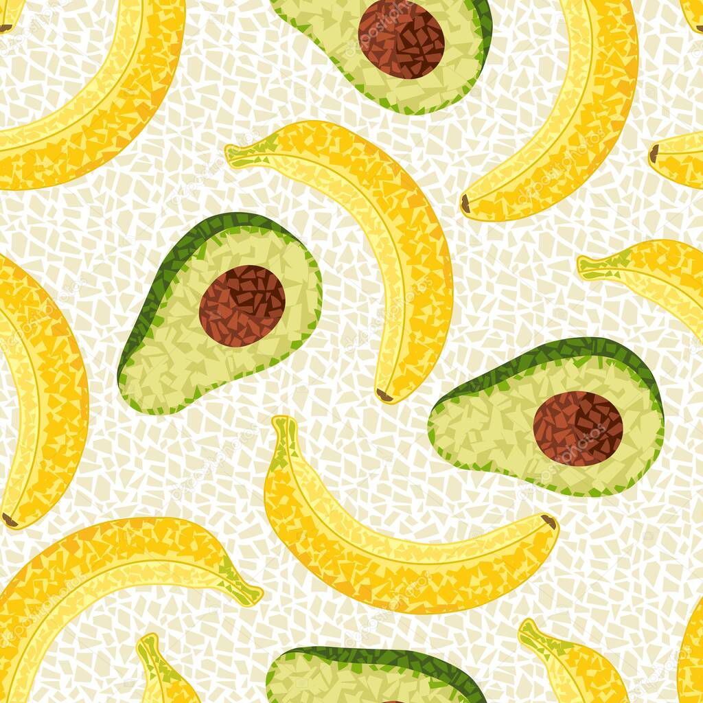 Pattern with bananas, avocado in mosaic style