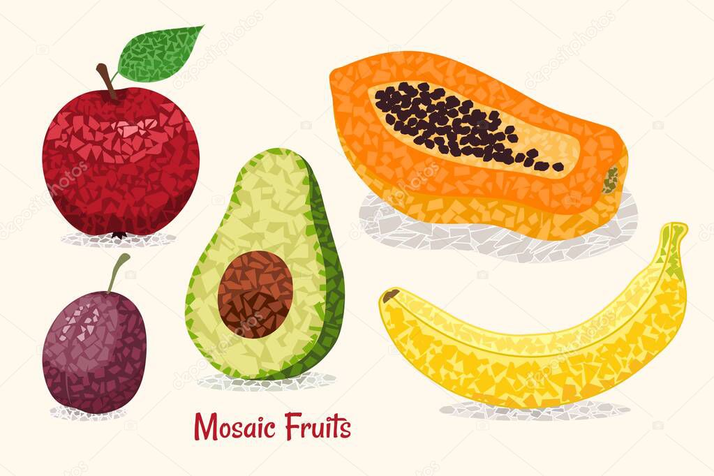 Set of fruits in mosaic style with small polygonal shapes. Apple, plum, avocado, banana, papaya. Vector isolated illustration.