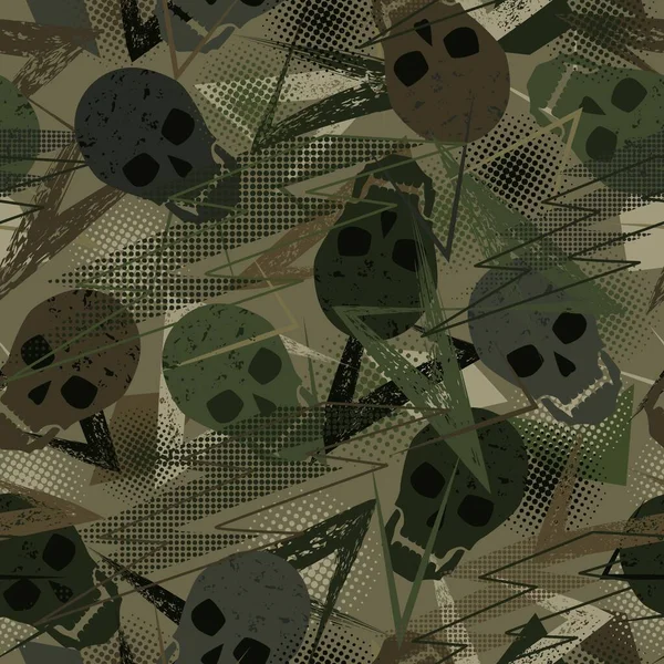 Motif sans couture avec crânes, coup de pinceau grunge, pointillés demi-tons — Image vectorielle