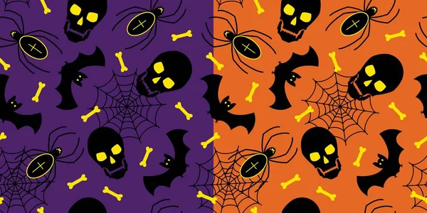 Set van halloween oranje en violet naadloos patroon met silhouetten van schedels, vleermuizen, spinnen, botten, spinnenweb. Vector. — Stockvector