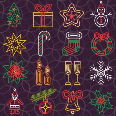 Noel tatili için 16 renkli simge seti.