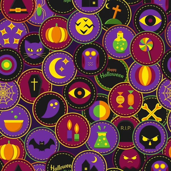 Halloween Bezešvé Vzor Kruhovými Emblémy Halloween Symboly Skuall Netopýr Sova — Stockový vektor