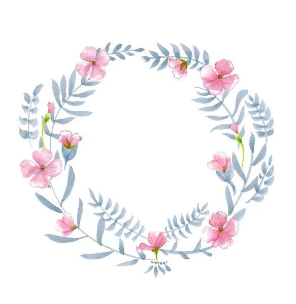 Ghirlanda floreale acquerello con fiori rosa, foglie e brunch grigio.Perfetto per inviti di nozze e biglietti di compleanno . — Foto Stock