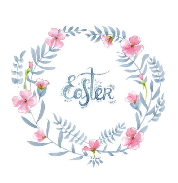 Watercolor floral wreath with pink flowers, leaves, grey brunches and hand drawn letters (word Easter).Perfect for Easter greeting card. — Stock Photo, Image