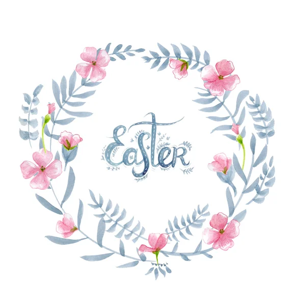 Akvarell blommig krans med rosa blommor, blad, grå bruncher och handen ritade bokstäver (ordet påsk). Perfekt för påsk gratulationskort. — Stockfoto