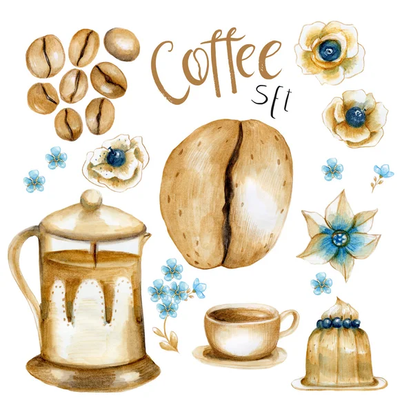 Akvarell set med kaffe korn, cup, fransk press (kaffekanna), pudding, bokstäver (word kaffe) och vårblommor. — Stockfoto