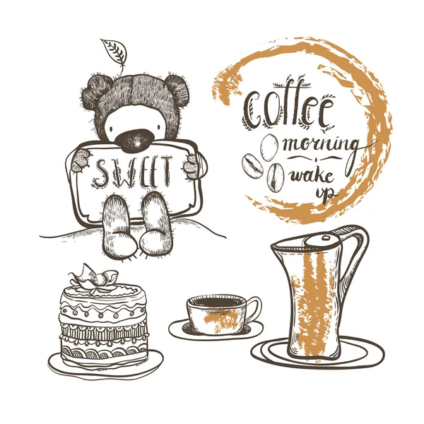 Vektor tecknad set med kaffe, nallebjörn, bokstäver, en kopp, kaffe och kaka. — Stock vektor