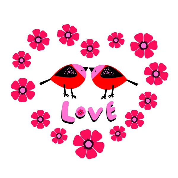 Floral Heart from pink flowers with tow red birds and word love inside. — Stock Vector