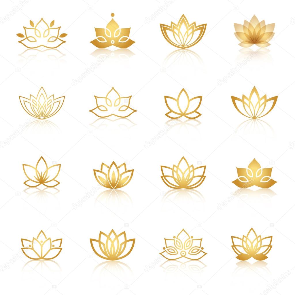 Golden Lotus symbol icons. Vector floral labels for Wellness industry.
