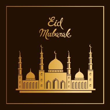 Eid mubarak vector greeting card design with mosque. Muslim holi
