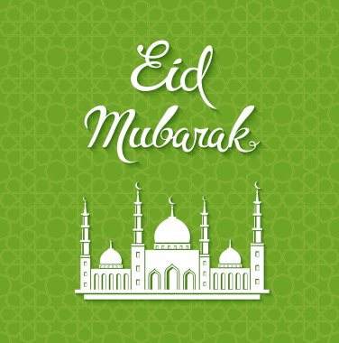 Eid mubarak vector greeting card design with mosque. Muslim holi