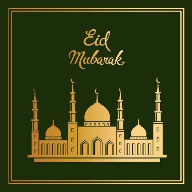 Eid mubarak vector greeting card design with mosque. Muslim holi