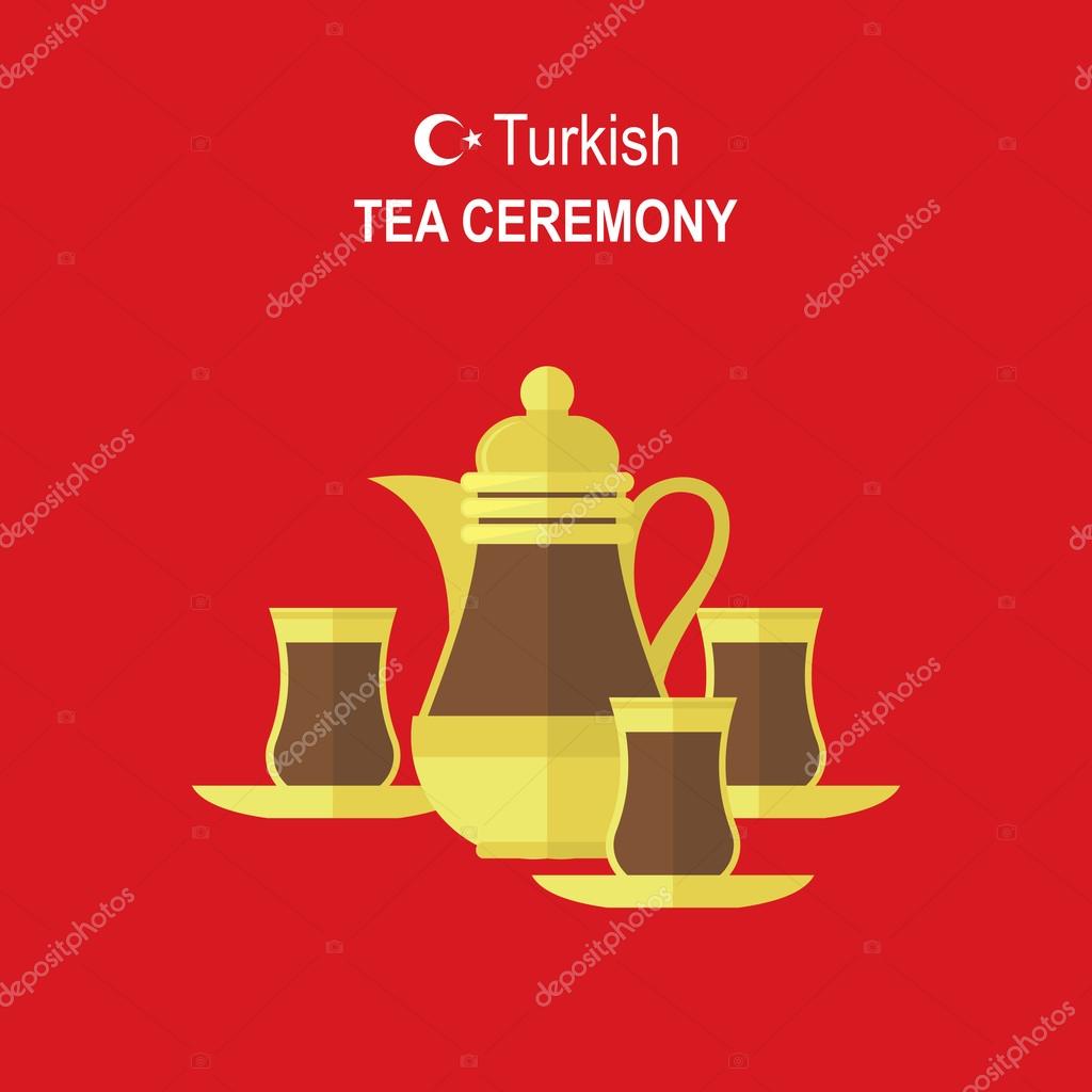 Turkish traditional Tea set on red background. Flat modern illus Stock