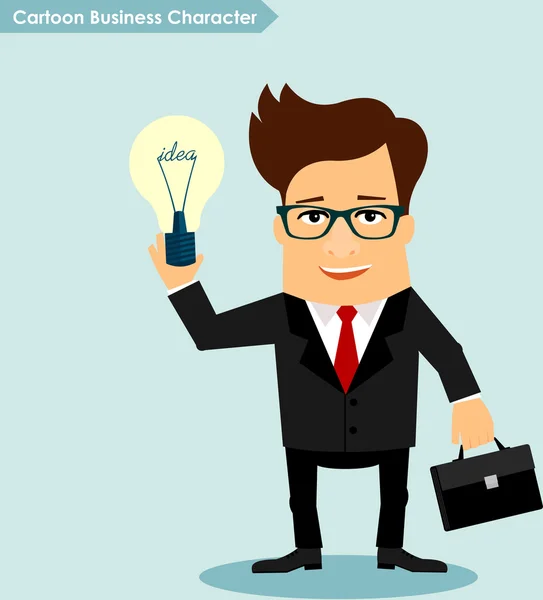 Business man cartoon character holding idea lamp — Stock Vector
