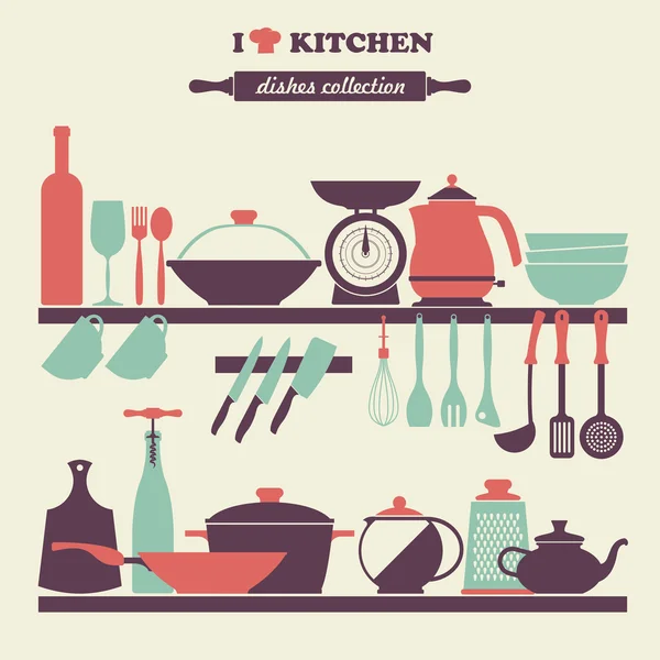 Juego de iconos de platos de cocina vintage — Vector de stock