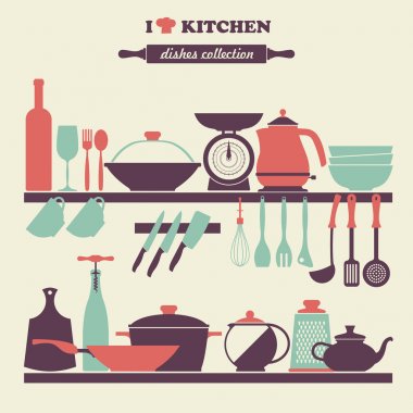 Vintage kitchen dishes icons set