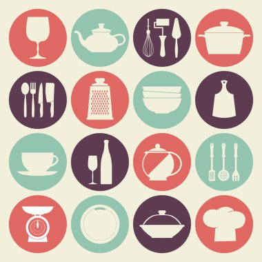 Vintage kitchen dishes icons set clipart