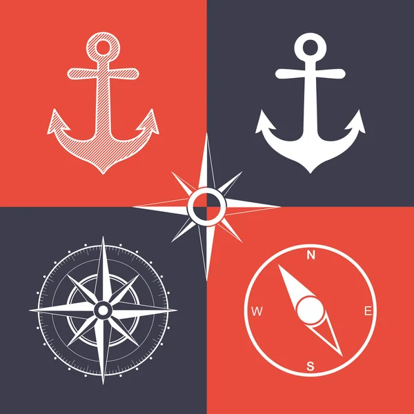 Anchor and compass wind rose symbols — Stock Vector