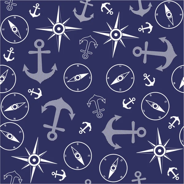 Pattern with marine anchor and wind rose — Stock Vector