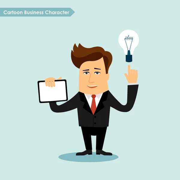 Business man cartoon character holding idea lamp — Stock Vector