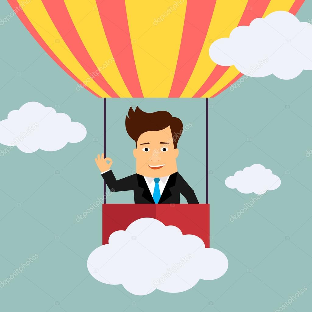 Business man cartoon character flying on hot air balloon