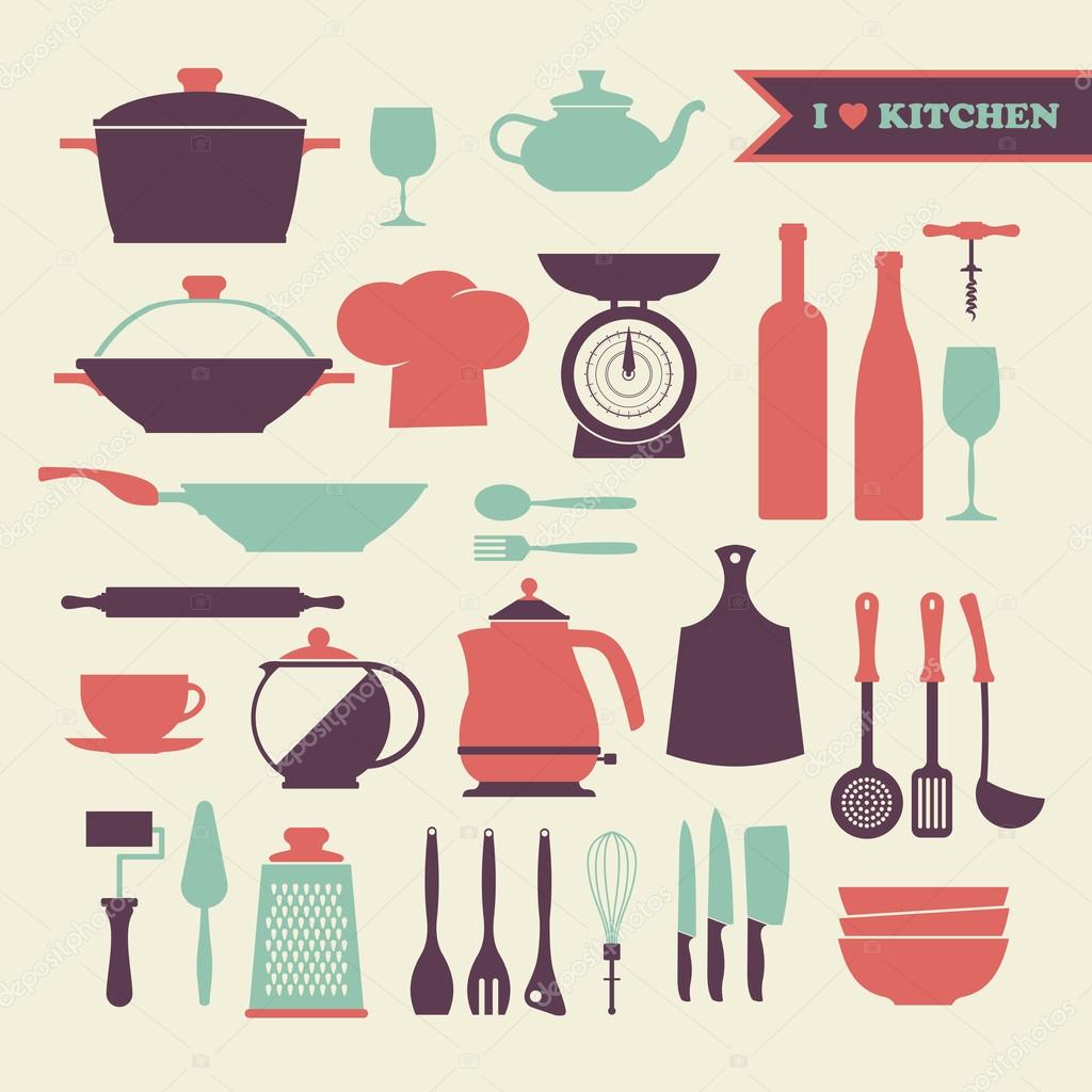Vintage kitchen dishes icons set