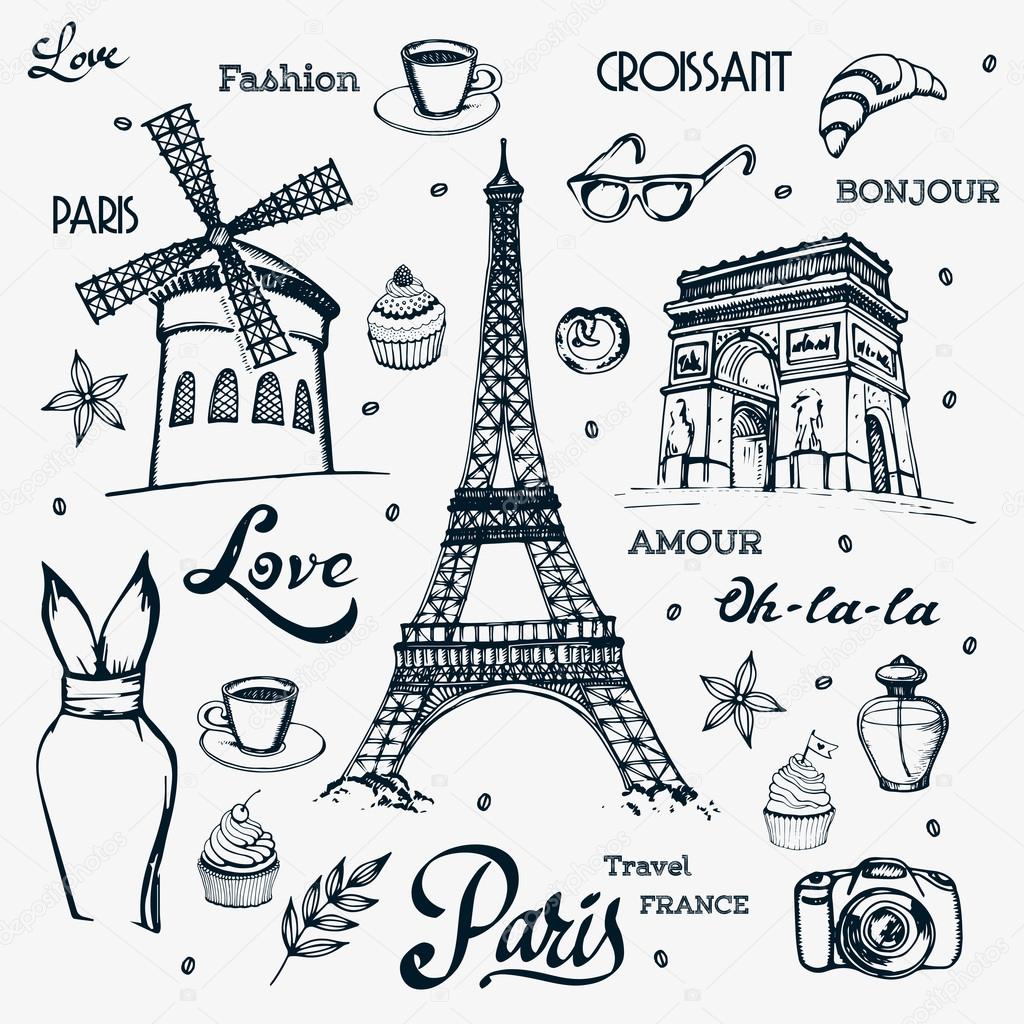 Romantic Set Signs of France in the Form of a Drawings by Colored Pens on  the Squared Paper Stock Vector - Illustration of clipart, cheese: 110228439